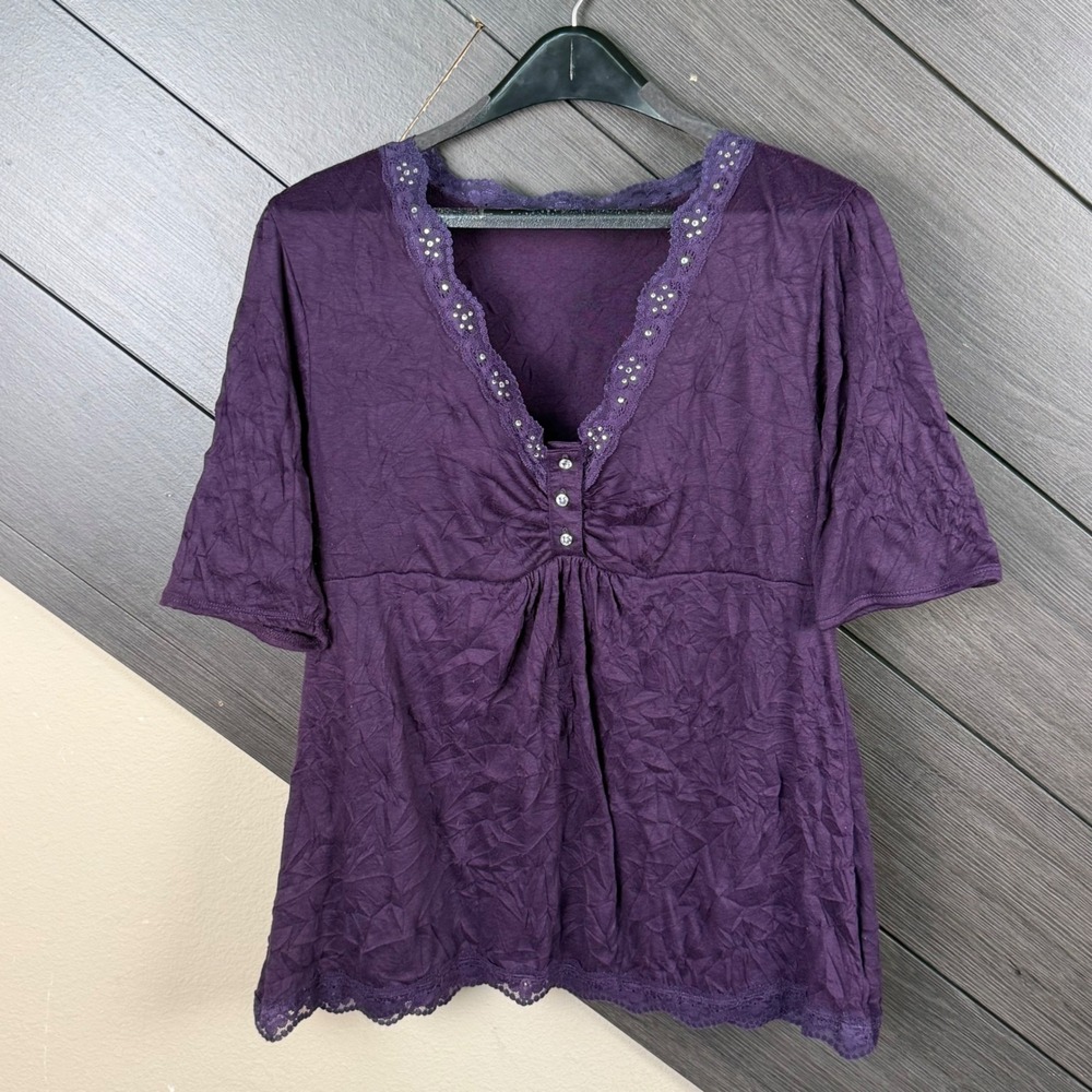 Women's Y2K Purple Lace Rhinestone Babydoll Top Large Whimsigoth Coquette